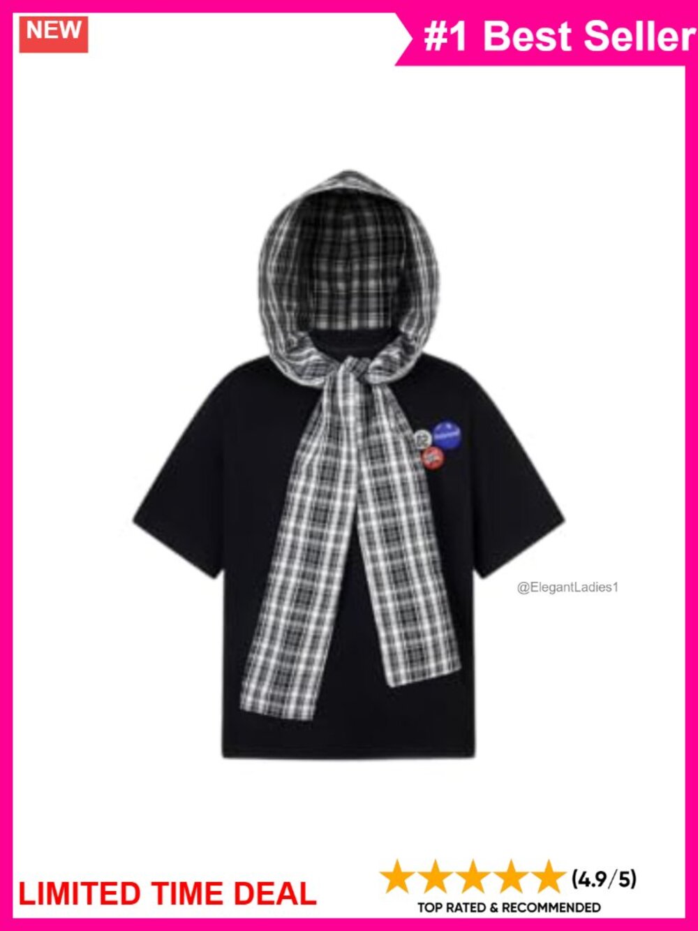 Unisex Short Sleeve T-Shirt with Detachable Plaid Hooded Jersey Knit